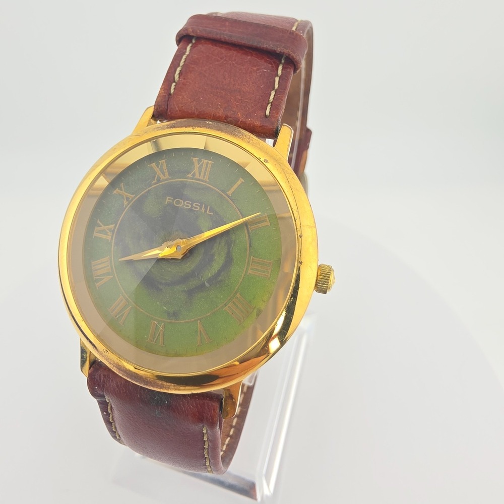Vintage 1990s FOSSIL Prism Watch Green Swirl Dial Brown Leather Gold Plate 7.75"